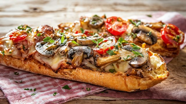 Überbackenes Baguette mit Pilzen und Kirschtomaten