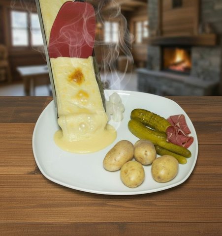 Raclettekäse wird aus der Pfanne auf einen Teller mit Kartoffeln gestrichen