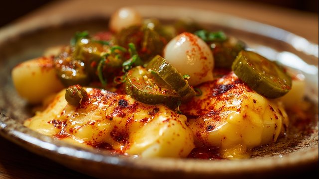 Geschmolzener Raclettekäse mit Kartoffeln, Gürkli, Silberzwiebeln und Paprika