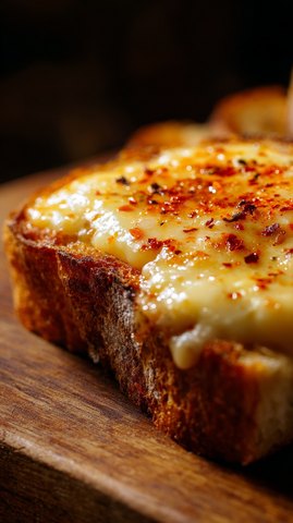 Knuspriger Toast mit geschmolzenem Raclettekäse und Chiliflocken